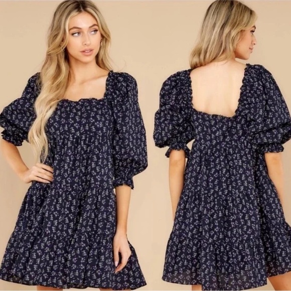 STORIA Navy Purple Boho Puff Sleeve Floral Tiered mini Dress Size small - Picture 1 of 3